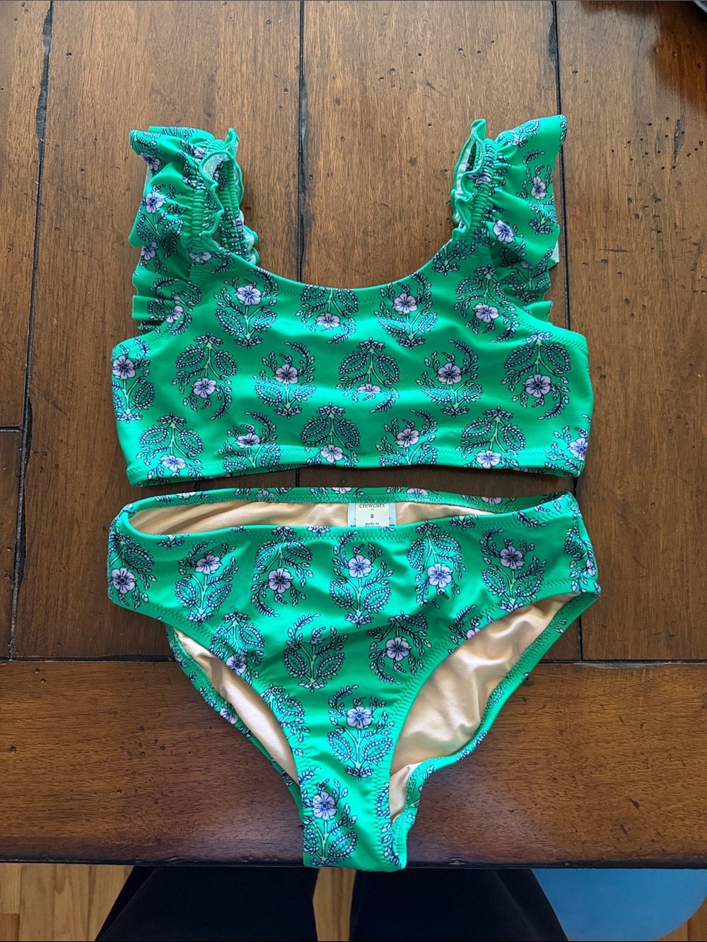 Crewcuts Green Floral Ruffle-Shoulder Bikini Set Size 8
